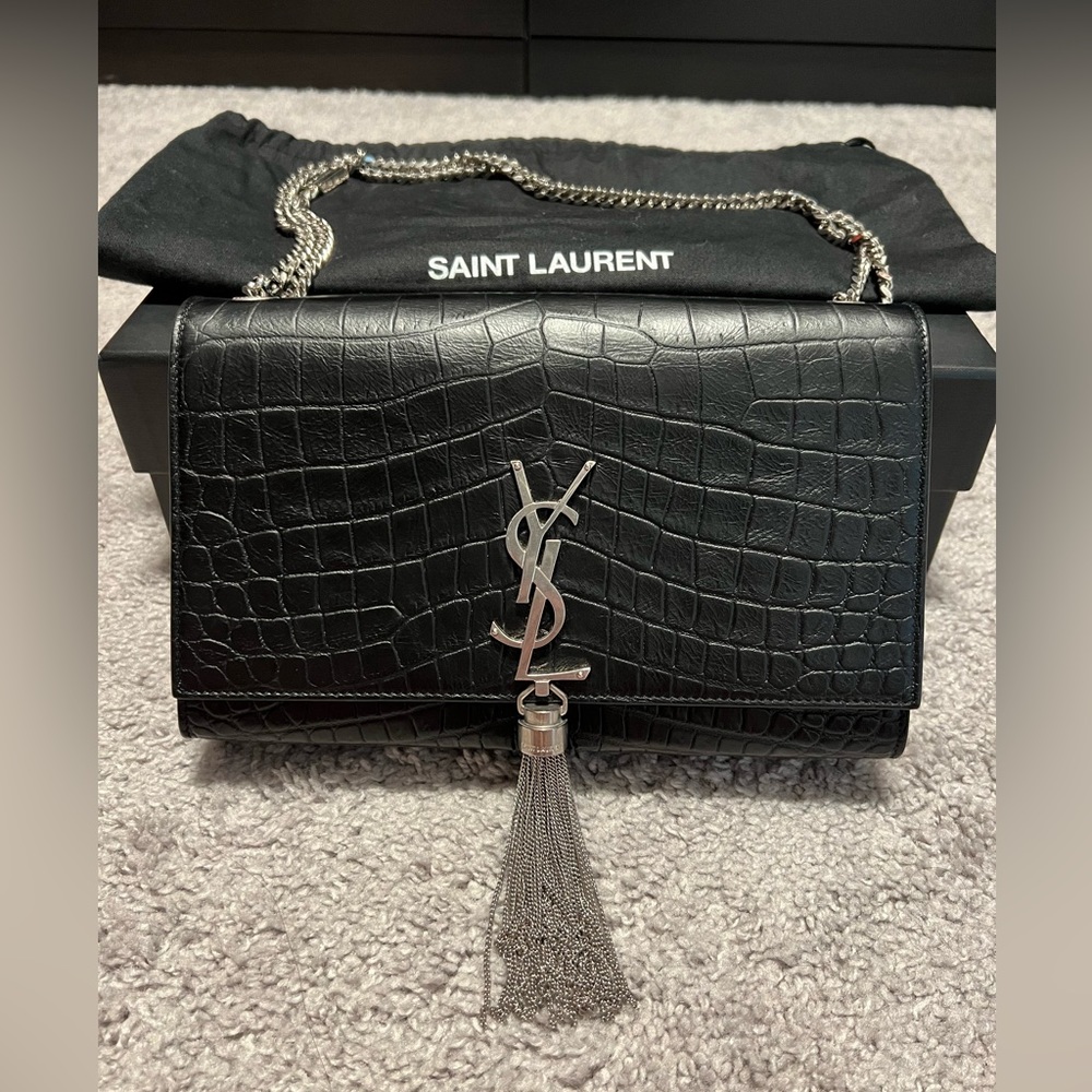 Saint Laurent Kate Medium Chain Bag with Tassel in Embossed Crocodile Leather
